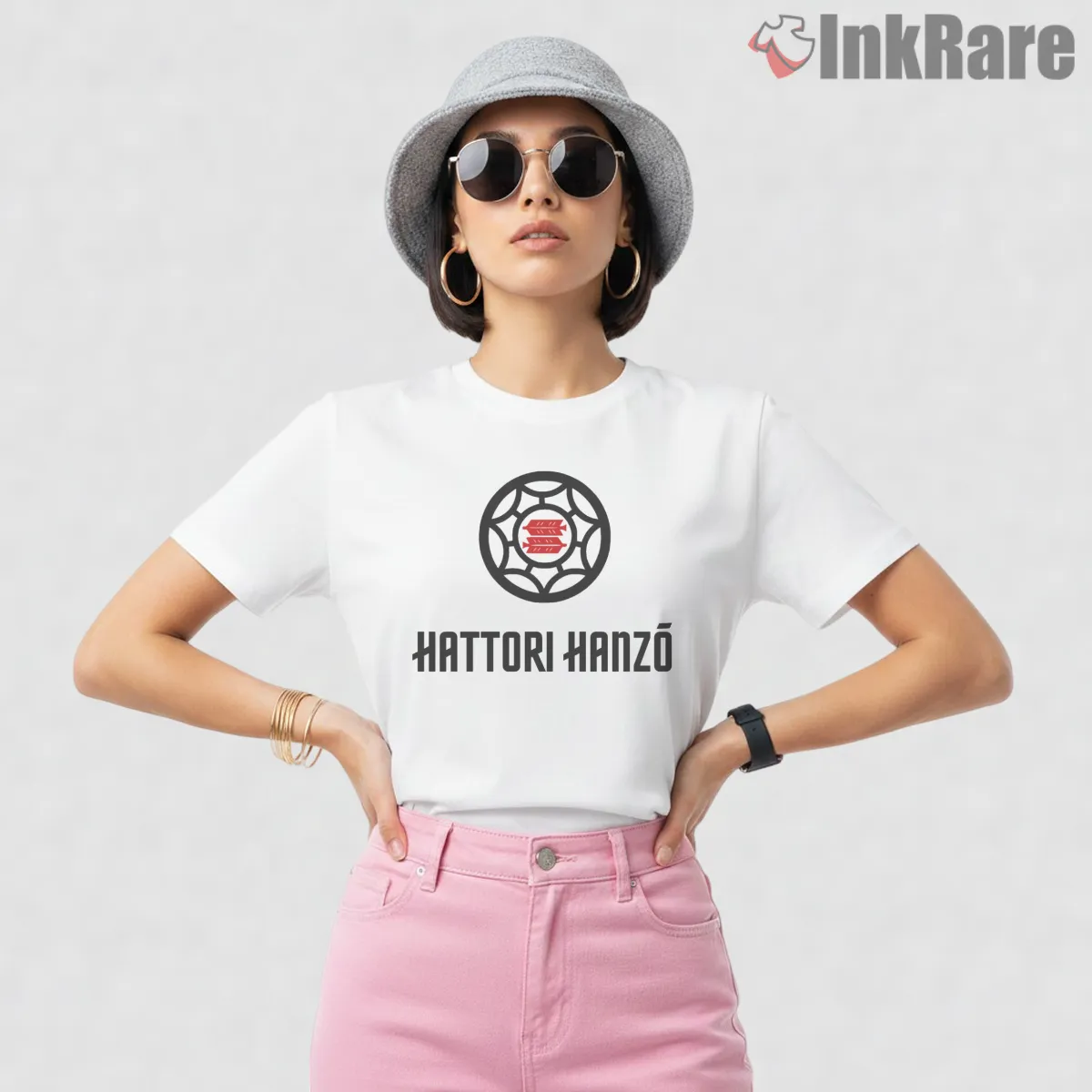 Hattori Hanzo Samurai Crest Minimal Emblem Short Sleeve White Hattori Hanzo Samurai Crest Minimal Emblem Shirt on white short sleeve shirt for women graphic tee