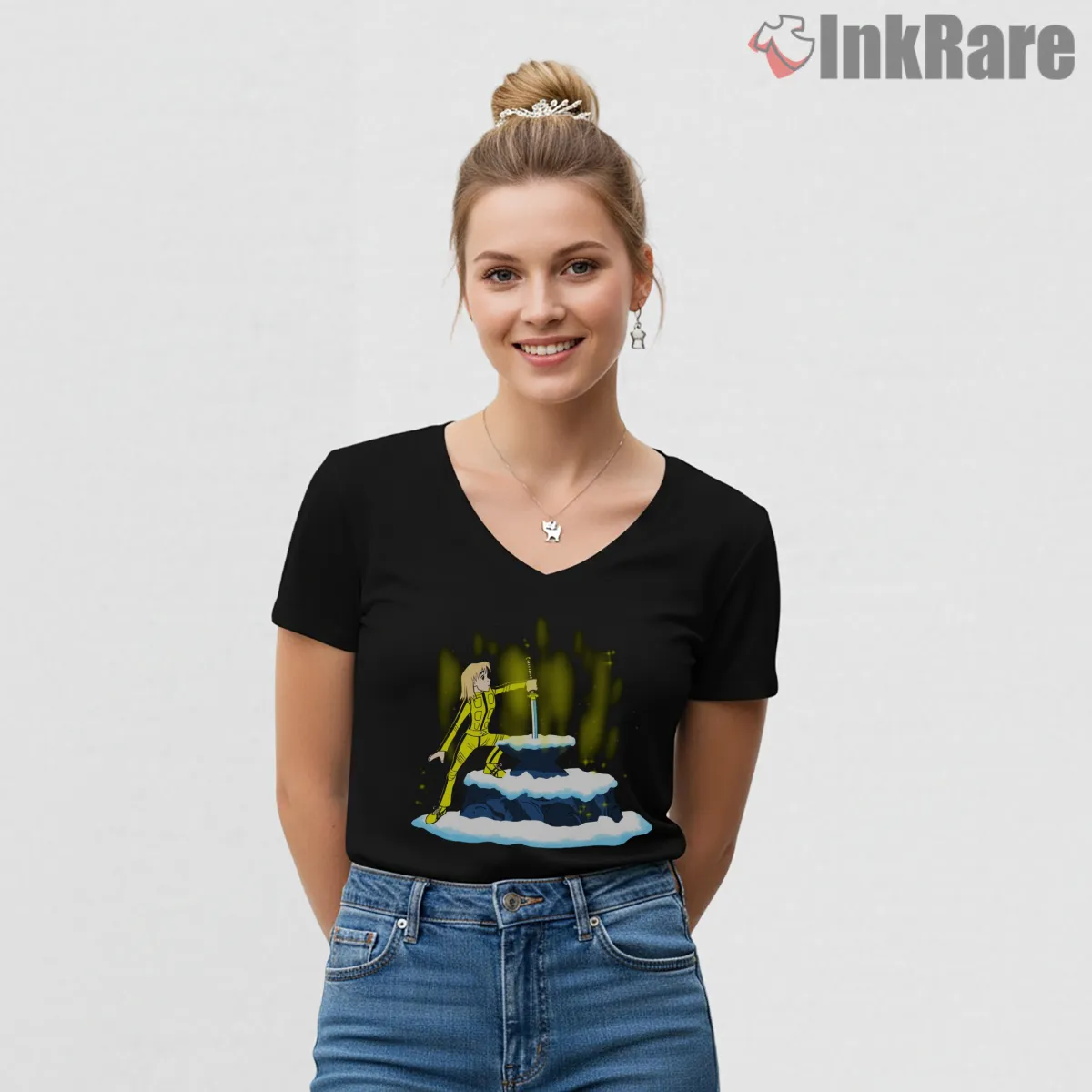 Hattori Hanzo Sword In The Stone Samurai Tribute V Neck Black Hattori Hanzo Sword In The Stone Samurai Tribute Shirt on black v-neck shirt for women graphic tee