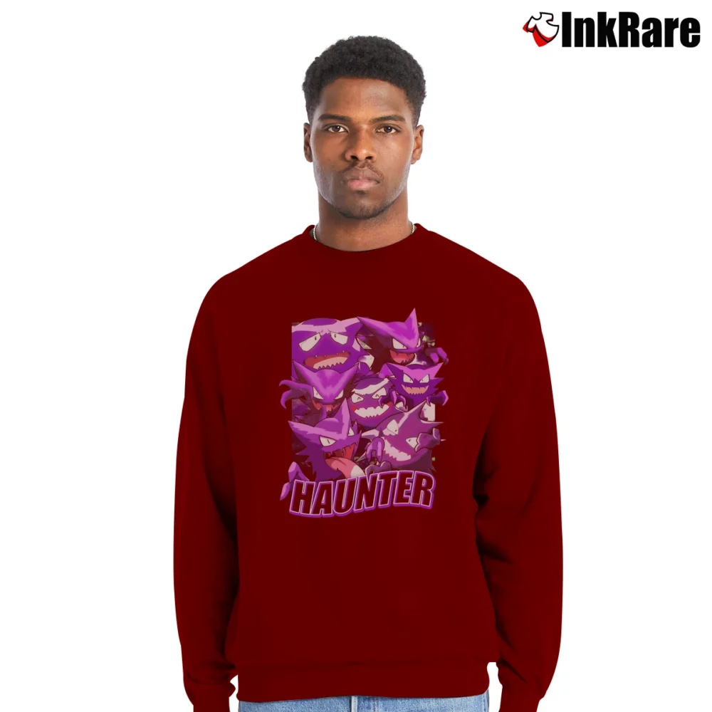 Men’s Haunter Pokemon Retro Custom Graphic Crewneck Sweatshirt in maroon | Cozy Fabric, Clean Style