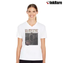 Women’s Hawkeye Jeremy Renner Avengers Marvel Movie V-Neck Tee in white | Chic Neckline, Soft Texture