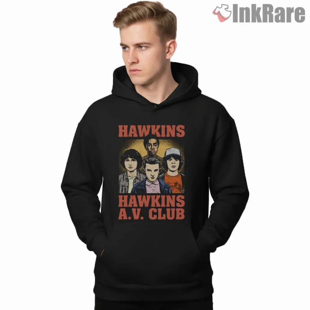 Hawkins Av Club Retro Group Portrait Shirt on black hoodie for men graphic tee
