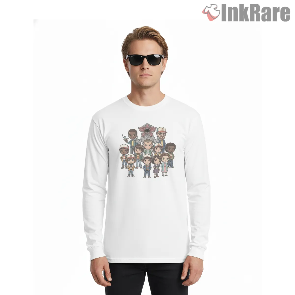 Hawkins Chibi Characters And Demogorgon Cartoon Long Sleeve White Hawkins Chibi Characters And Demogorgon Cartoon Shirt on white long sleeve shirt for men graphic tee