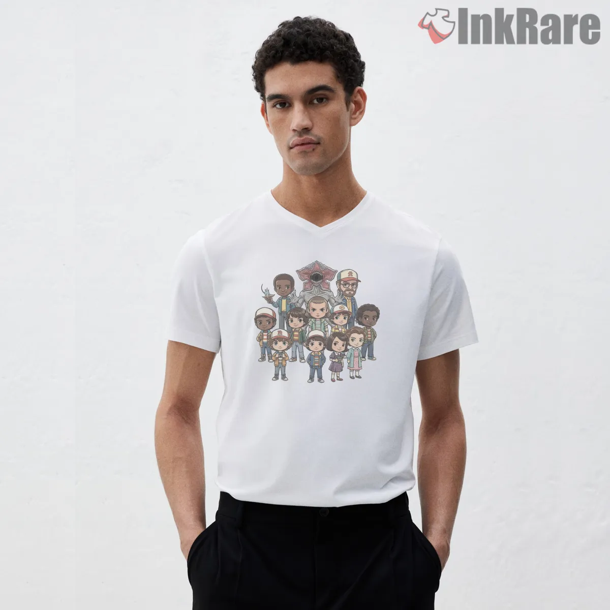 Hawkins Chibi Characters And Demogorgon Cartoon Shirt on white v-neck shirt for men graphic tee
