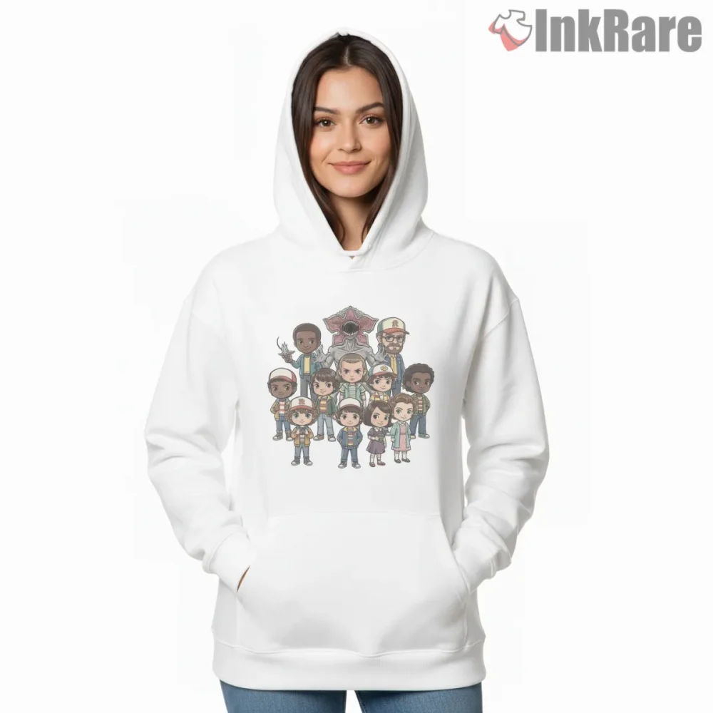 Hawkins Chibi Characters And Demogorgon Cartoon Shirt on white hoodie for women graphic tee