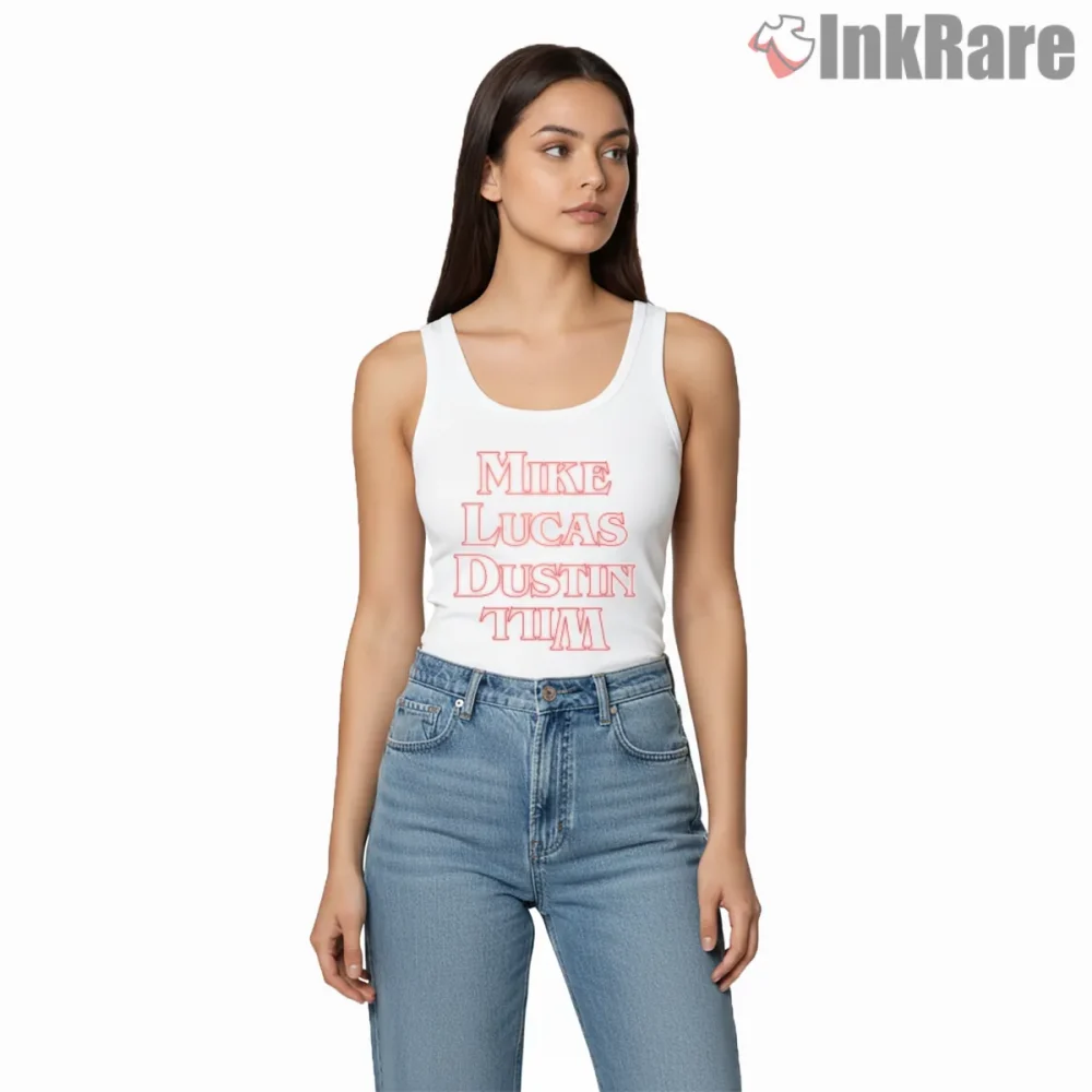 Hawkins Crew Names Typography Tribute Shirt on white tank top for women graphic tee