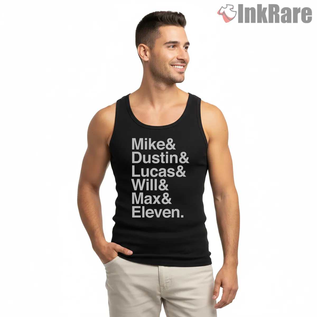 Hawkins Heroes Name List Typography Shirt on black tank top for men graphic tee