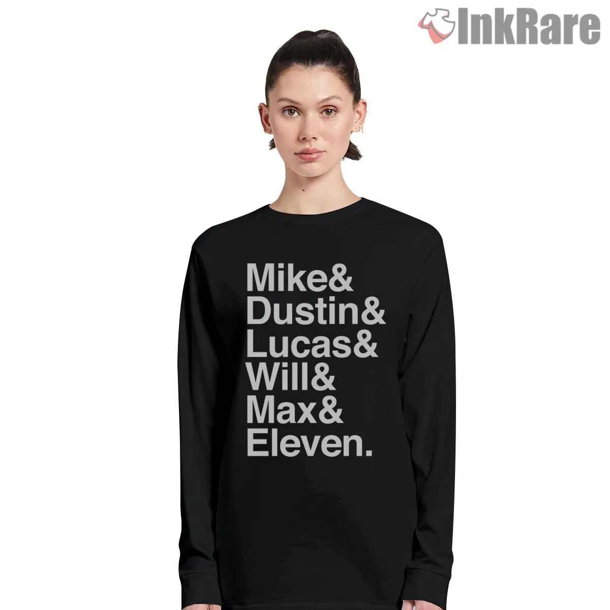 Hawkins Heroes Name List Typography Long Sleeve Black Hawkins Heroes Name List Typography Shirt on black long sleeve shirt for women graphic tee