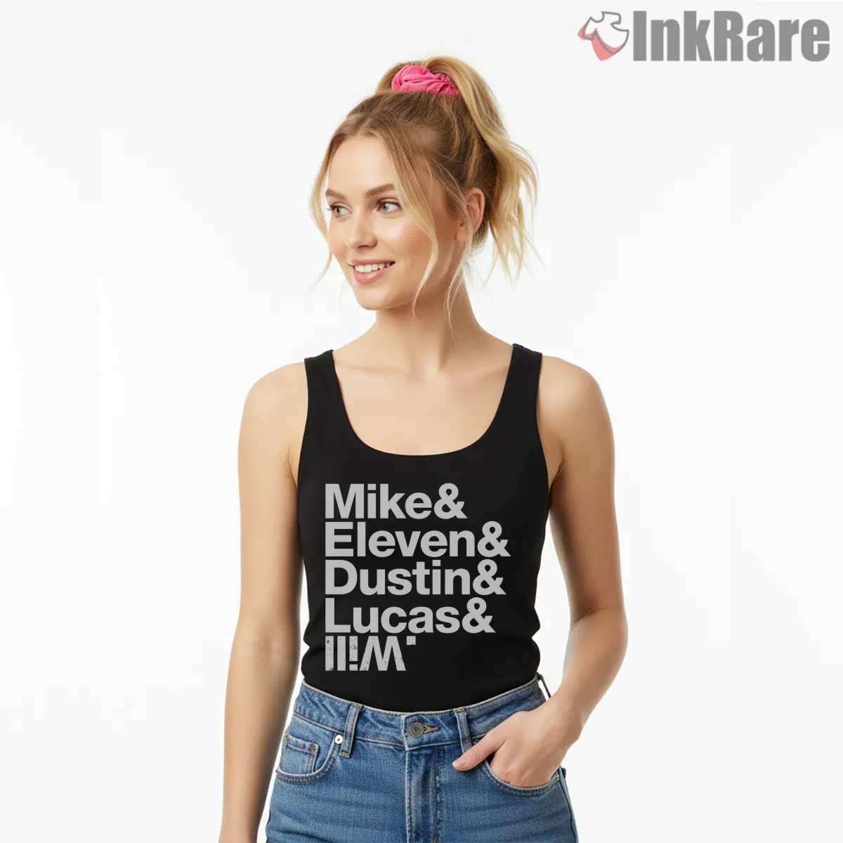Hawkins Heroes Roll Call Typography Shirt on black tank top for women graphic tee