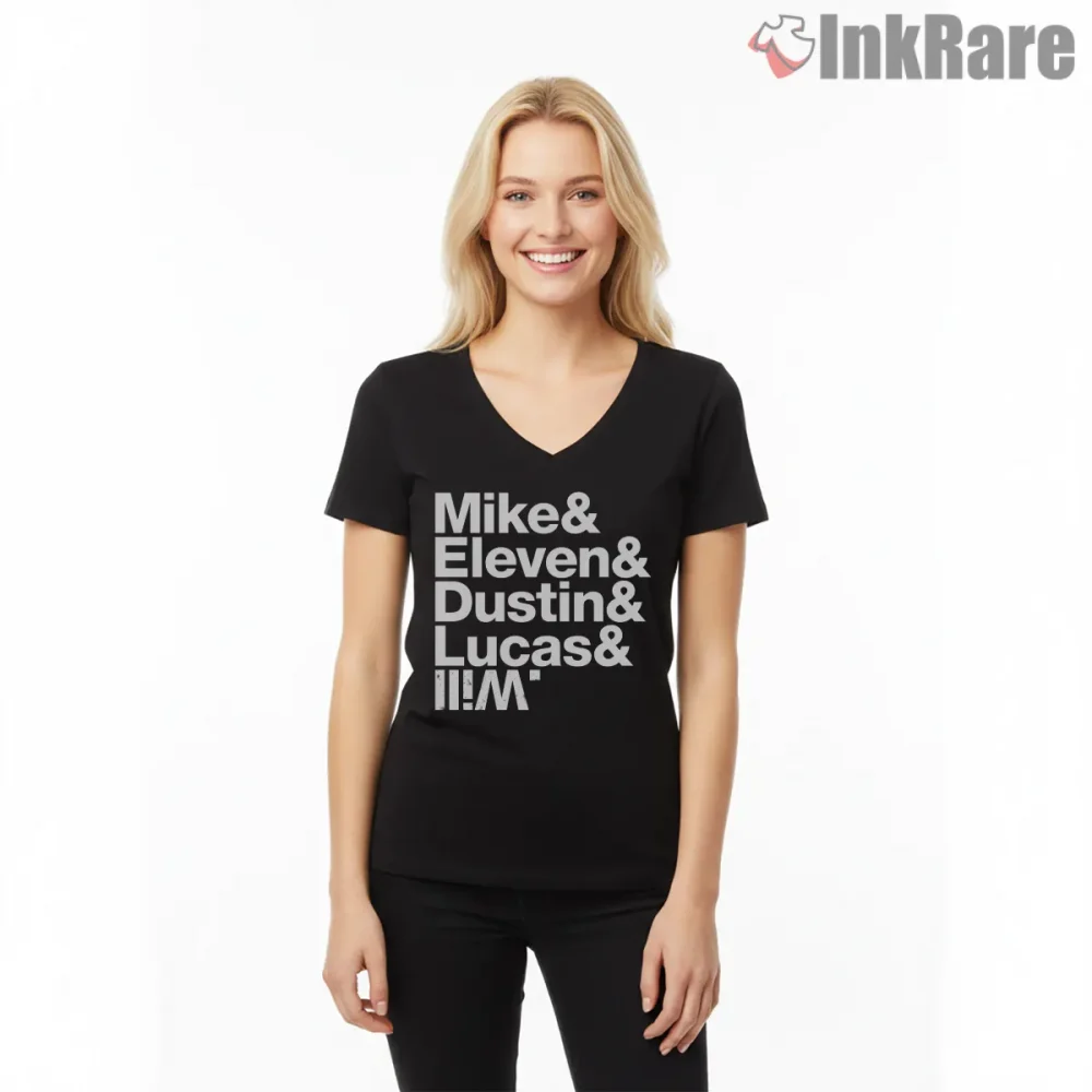 Hawkins Heroes Roll Call Typography Shirt on black v-neck shirt for women graphic tee