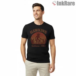 Hawkins Indiana 1983 Demogorgon Sunset Shirt on black short sleeve shirt for men graphic tee