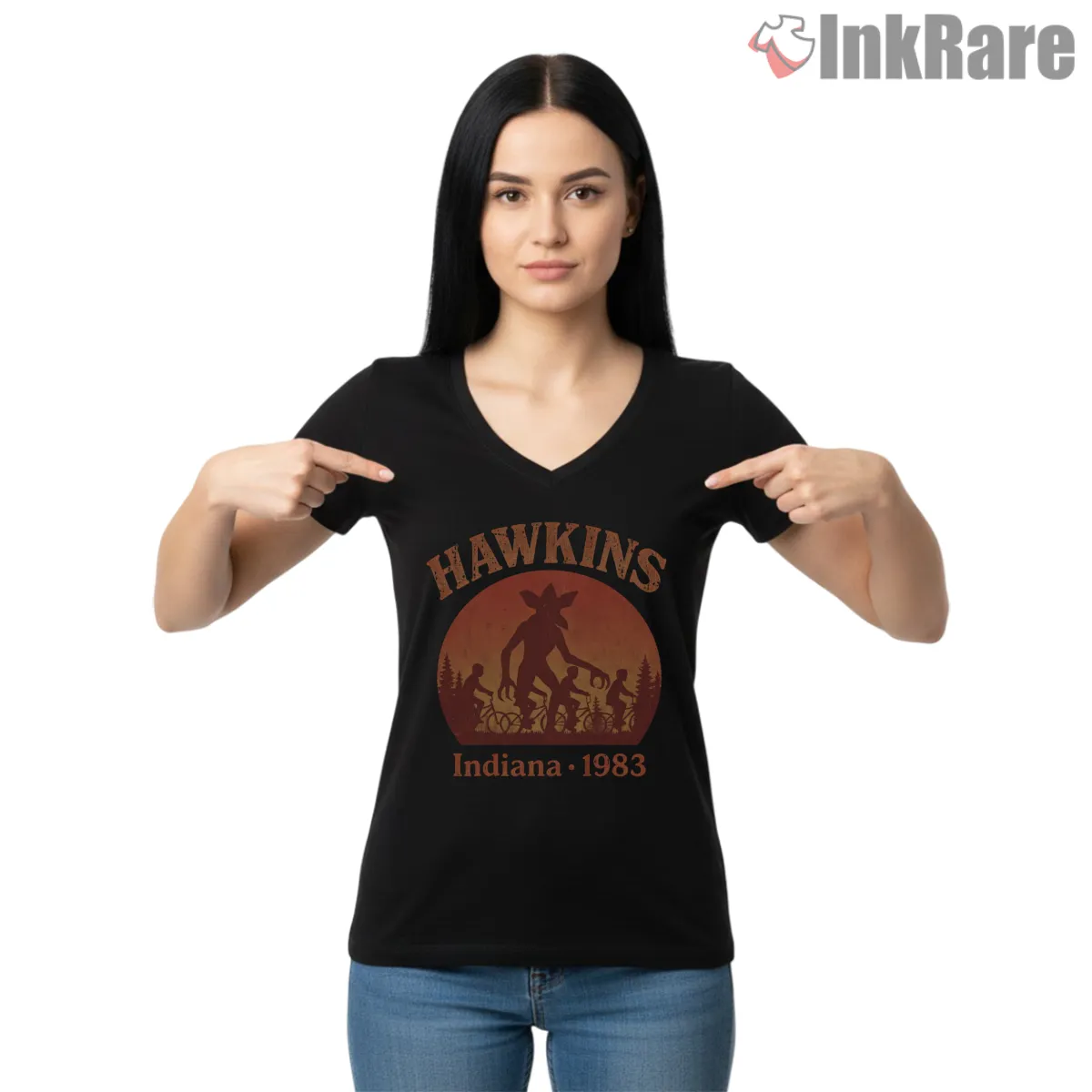 Hawkins Indiana 1983 Demogorgon Sunset Shirt on black v-neck shirt for women graphic tee