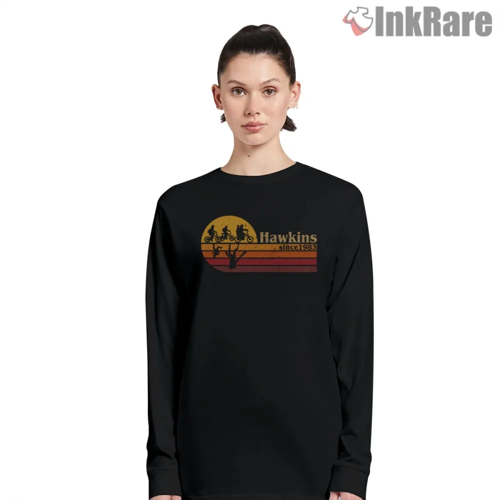 Hawkins Indiana Vintage Sunset Adventure Shirt on black long sleeve shirt for women graphic tee