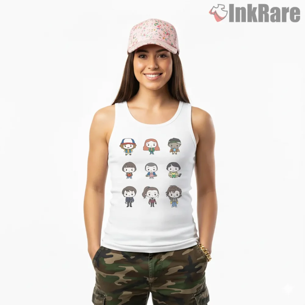 Hawkins Kids Chibi Fan Art Character Grid Shirt on white tank top for women graphic tee