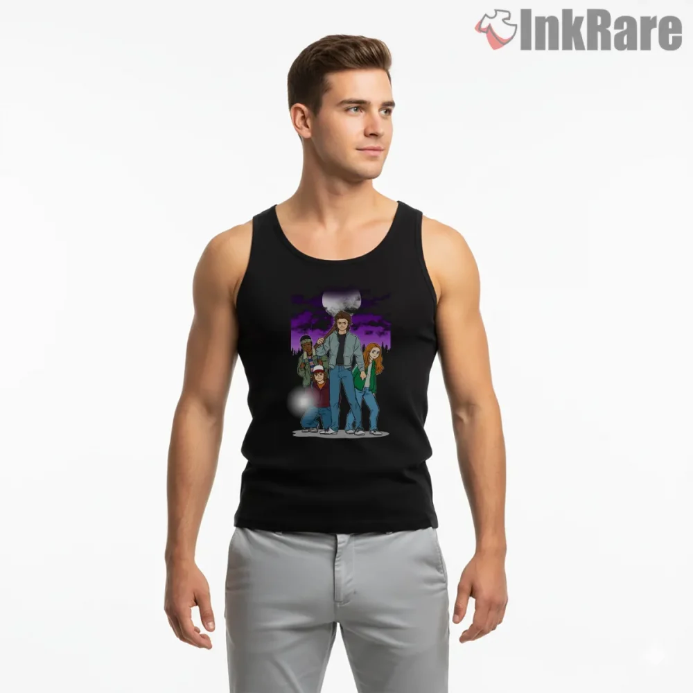 Hawkins Kids Vs Demodog Night Battle Shirt on black tank top for men graphic tee