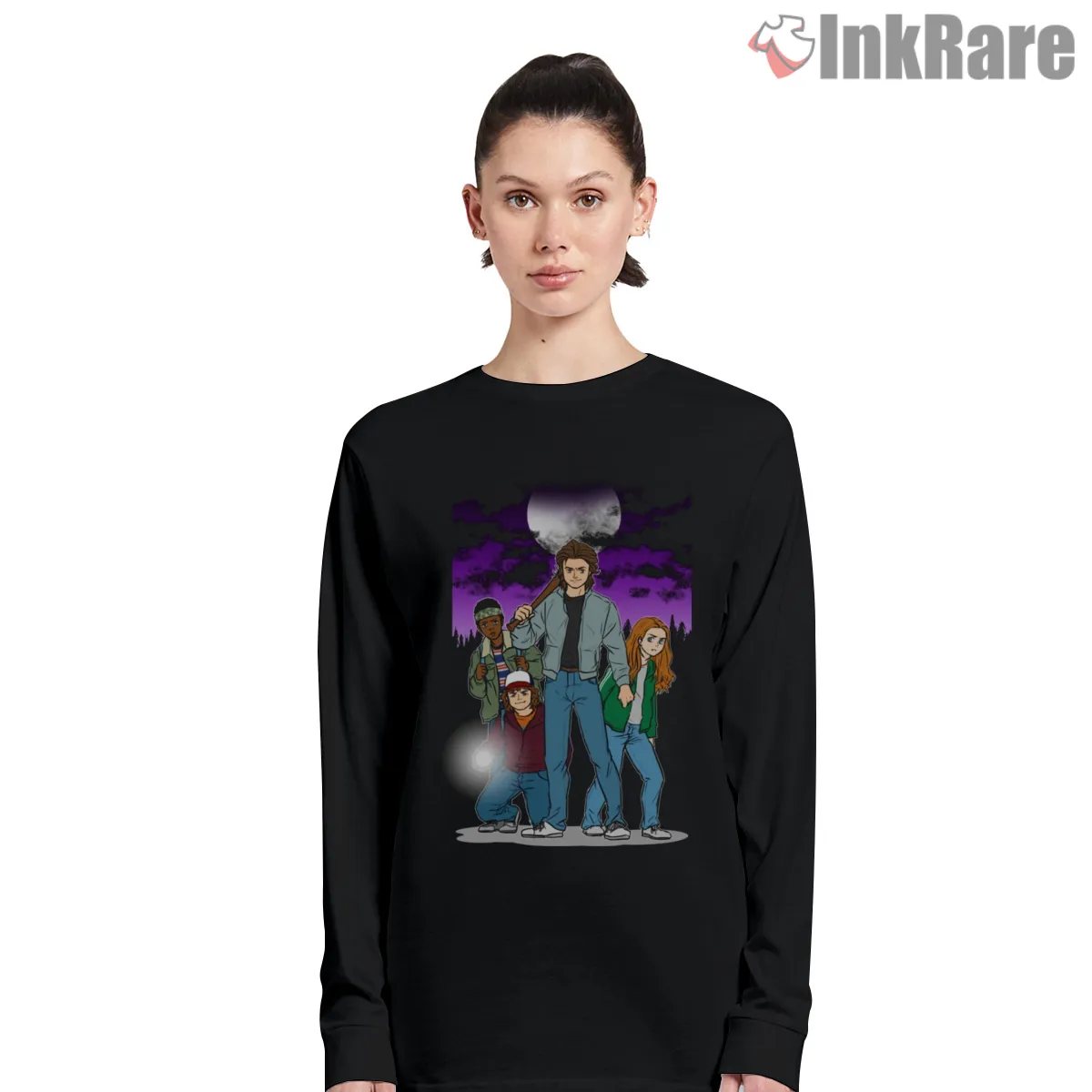 Hawkins Kids Vs Demodog Night Battle Long Sleeve Black Hawkins Kids Vs Demodog Night Battle Shirt on black long sleeve shirt for women graphic tee