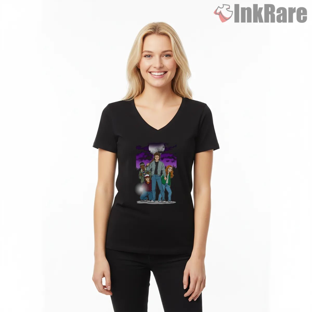Hawkins Kids Vs Demodog Night Battle Shirt on black v-neck shirt for women graphic tee