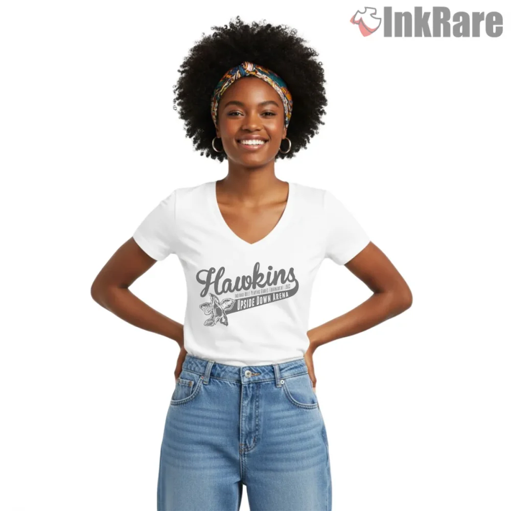 Hawkins Upside Down Arena Retro Logo Shirt on white v-neck shirt for women graphic tee
