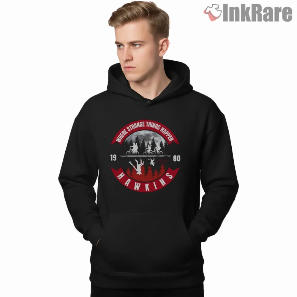 Hawkins Where Strange Things Happen Retro Adventure Shirt on black hoodie for men graphic tee
