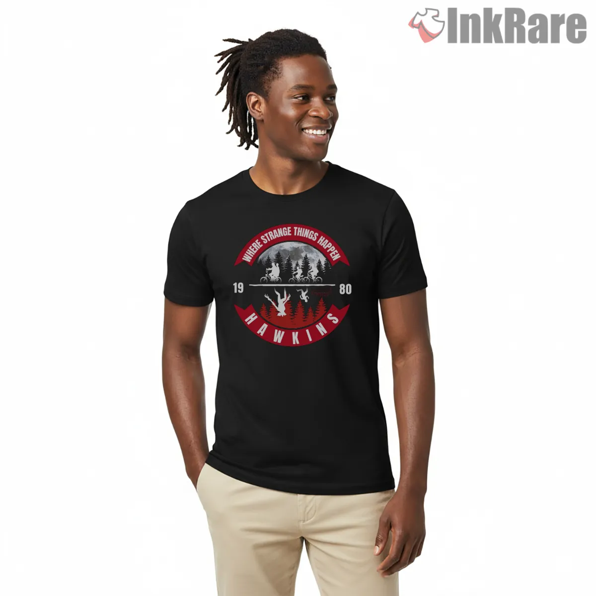 Hawkins Where Strange Things Happen Retro Adventure Short Sleeve Black Hawkins Where Strange Things Happen Retro Adventure Shirt on black short sleeve shirt for men graphic tee