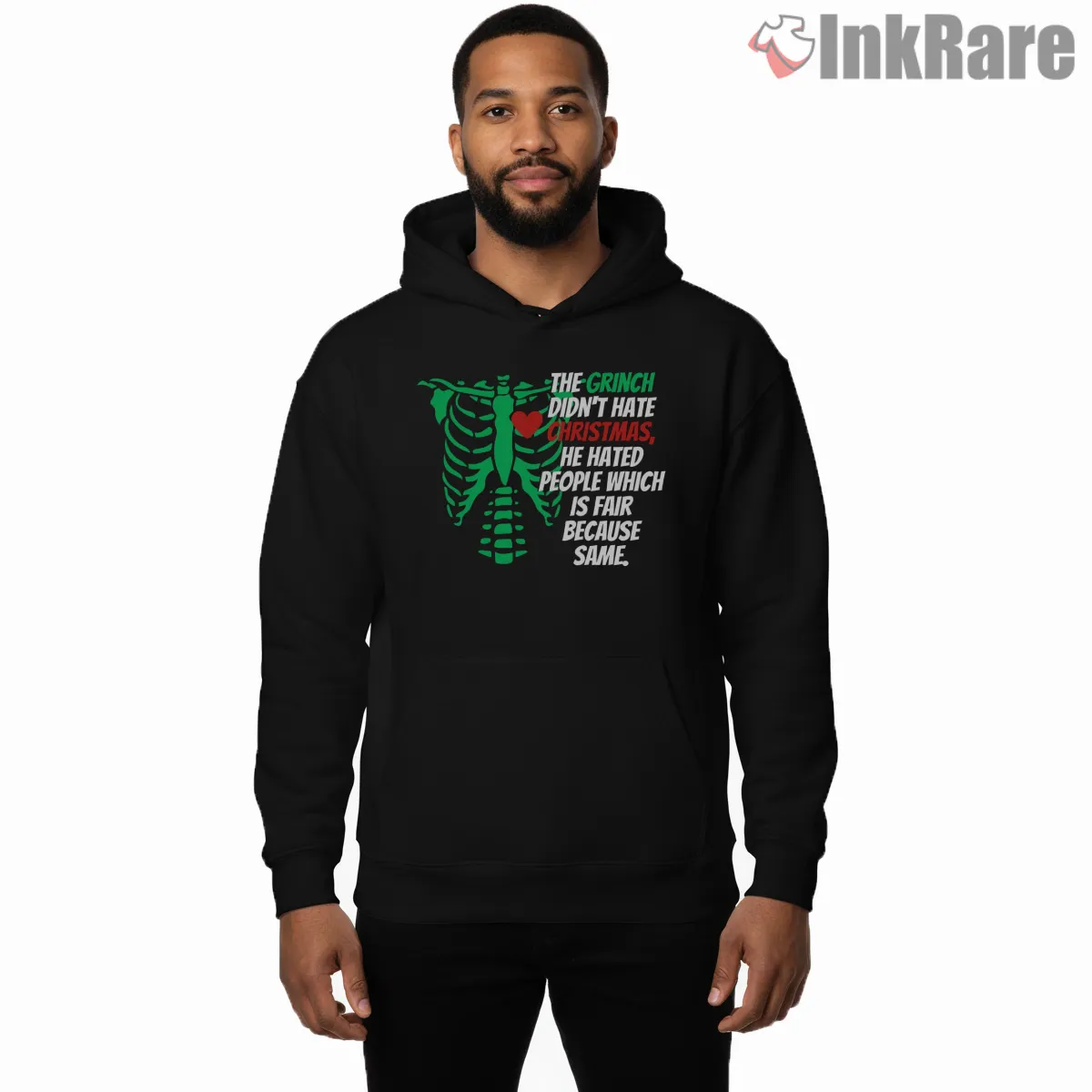 He Didnt Hate Christmas He Hated People Grinch Shirt on black hoodie for men graphic tee