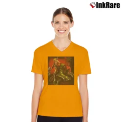 Women’s He - Man Battle Cat V-Neck Tee in orange | Chic Neckline, Soft Texture
