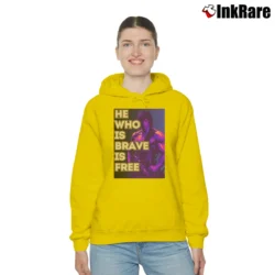 Women’s He Who Is Brave Is Free Rambo Sylverter Stallone Cozy Hoodie in yellow | Warm, Structured, Stylish