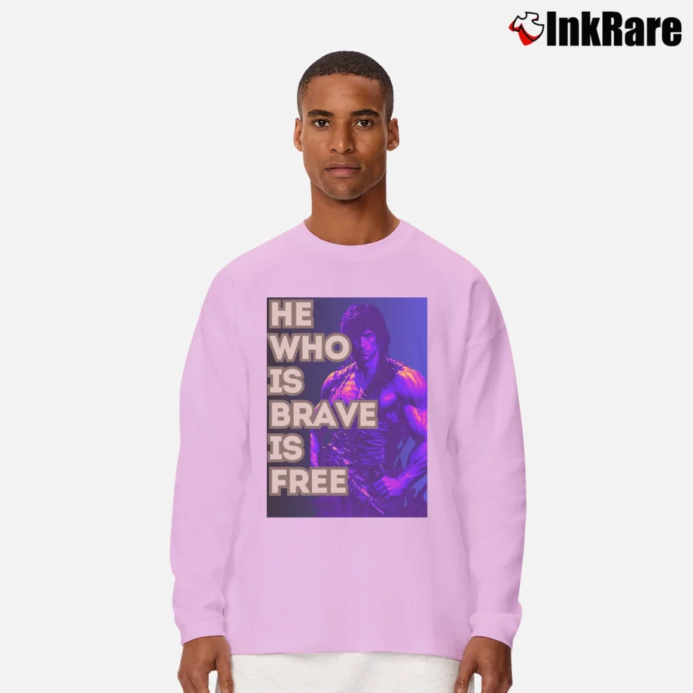 Men’s He Who Is Brave Is Free Rambo Sylverter Stallone Long-Sleeve Shirt in light pink | Sleek, Lightweight, Year-Round Wear