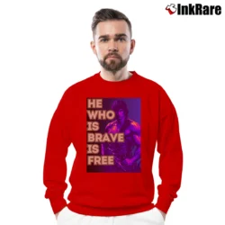 Men’s He Who Is Brave Is Free Rambo Sylverter Stallone Crewneck Sweatshirt in red | Cozy Fabric, Clean Style