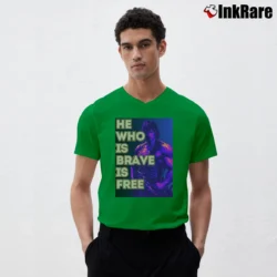 Men’s He Who Is Brave Is Free Rambo Sylverter Stallone V-Neck Tee in irish green | Sharp, Breathable, Everyday Staple