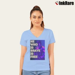 Women’s He Who Is Brave Is Free Rambo Sylverter Stallone V-Neck Tee in light blue | Chic Neckline, Soft Texture
