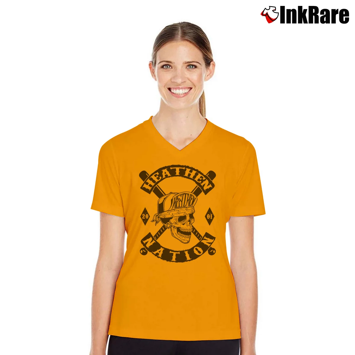 Heathen Nation Women’s V-Neck Tee in orange – Flattering Fit Women’s Heathen Nation V-Neck Tee in orange | Chic Neckline, Soft Texture