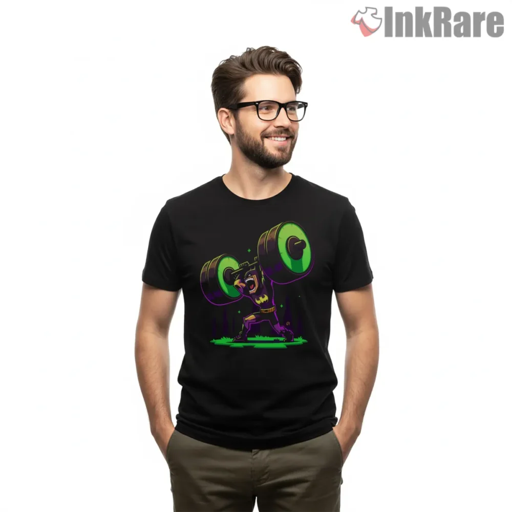 Heavy Lifter Gotham Gym Batman Shirt on black short sleeve shirt for men graphic tee