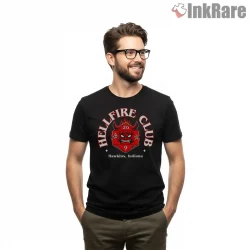 Hellfire Club D20 Dice Hawkins Indiana Shirt on black short sleeve shirt for men graphic tee