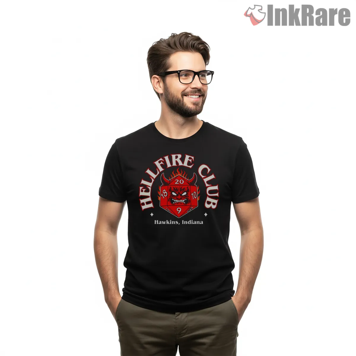Hellfire Club D20 Dice Hawkins Indiana Short Sleeve Black Hellfire Club D20 Dice Hawkins Indiana Shirt on black short sleeve shirt for men graphic tee