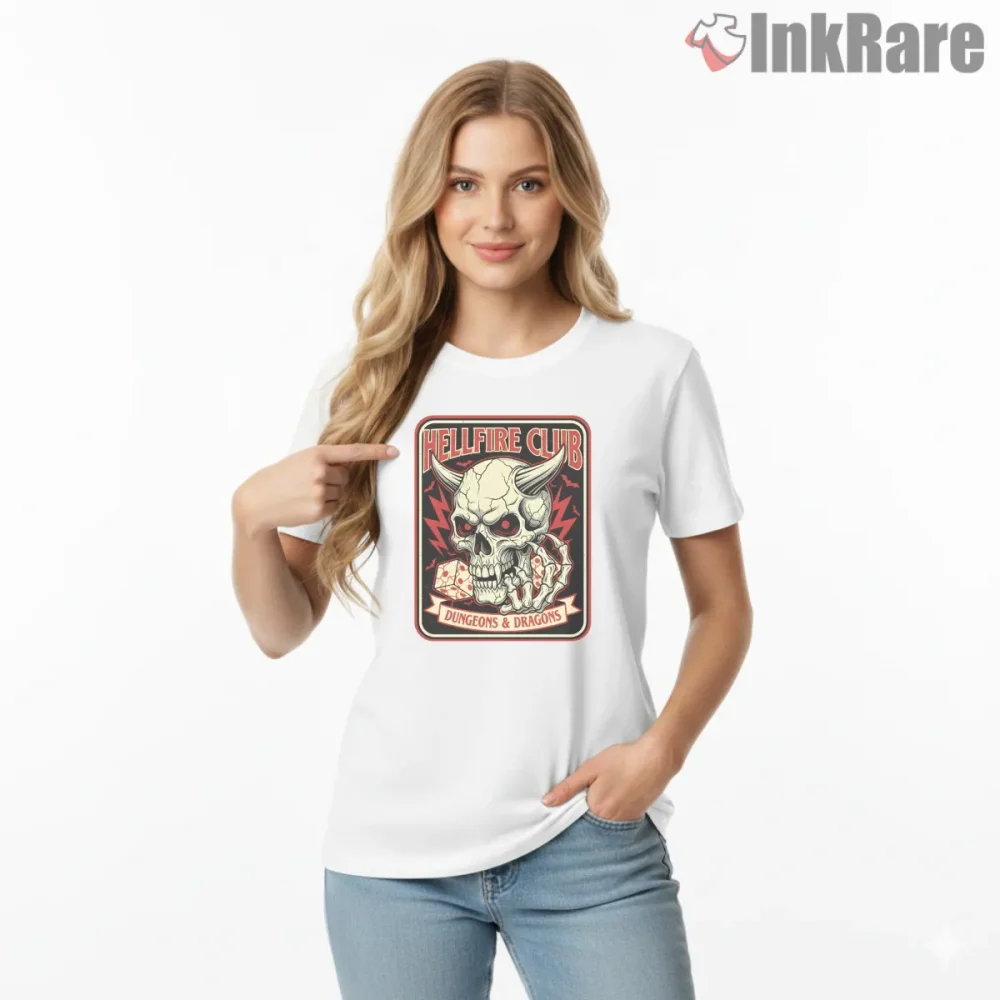 Hellfire Club Skull Dungeons And Dragons Shirt on white short sleeve shirt for women graphic tee