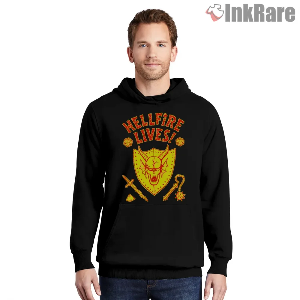 Hellfire Lives Dungeons Club Crest Shirt on black hoodie for men graphic tee