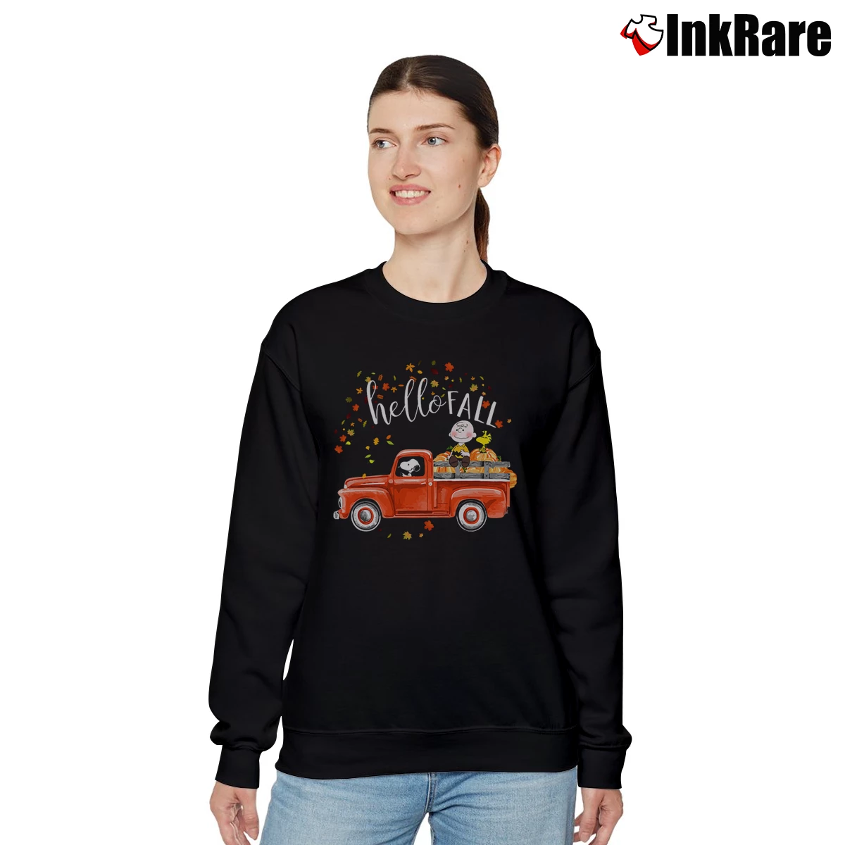 Women’s Hello Fall Funny Snoopy And Charlie Brown Driving Truck Relaxed Sweatshirt in black | Soft, Laid-Back Vibe