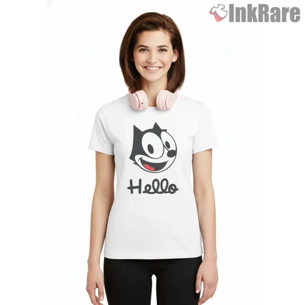 Hello Felix Friendly Portrait Shirt on white short sleeve shirt for women graphic tee