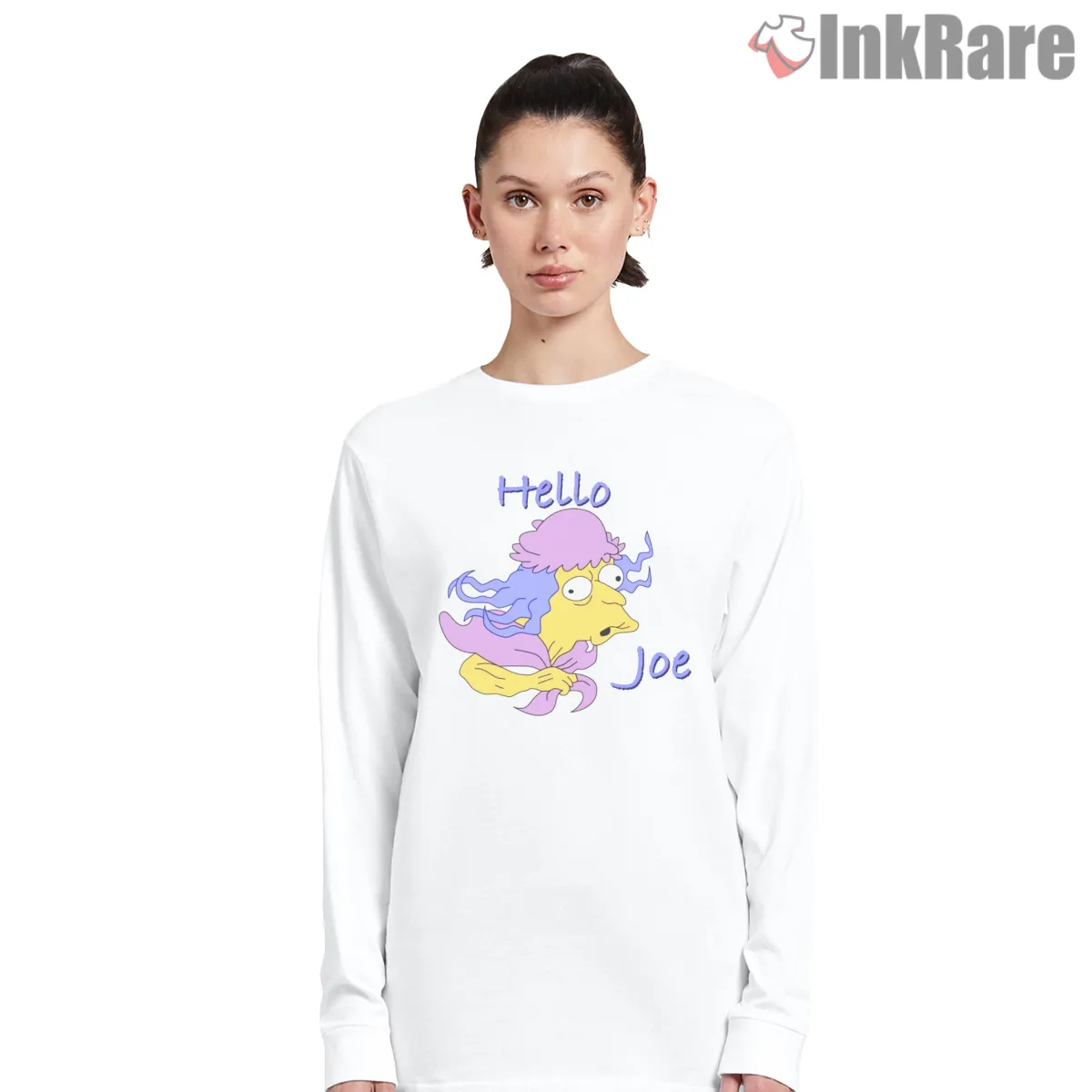 Hello Joe Simpsons Abstract Character Sketch Long Sleeve White Hello Joe Simpsons Abstract Character Sketch Shirt on white long sleeve shirt for women graphic tee