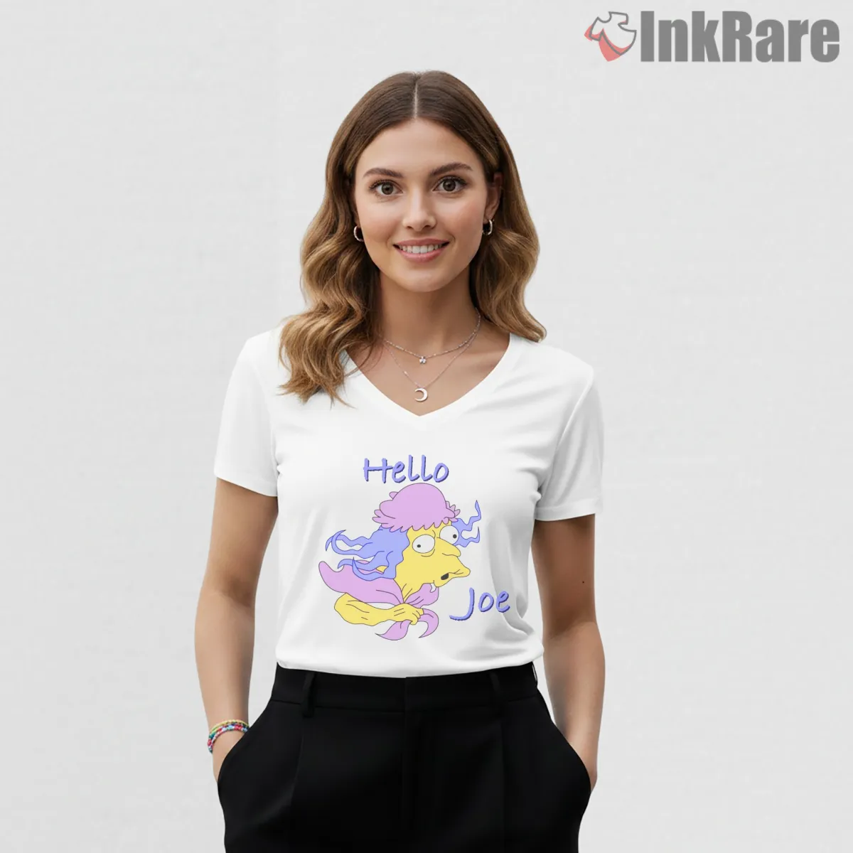Hello Joe Simpsons Abstract Character Sketch V Neck White Hello Joe Simpsons Abstract Character Sketch Shirt on white v-neck shirt for women graphic tee