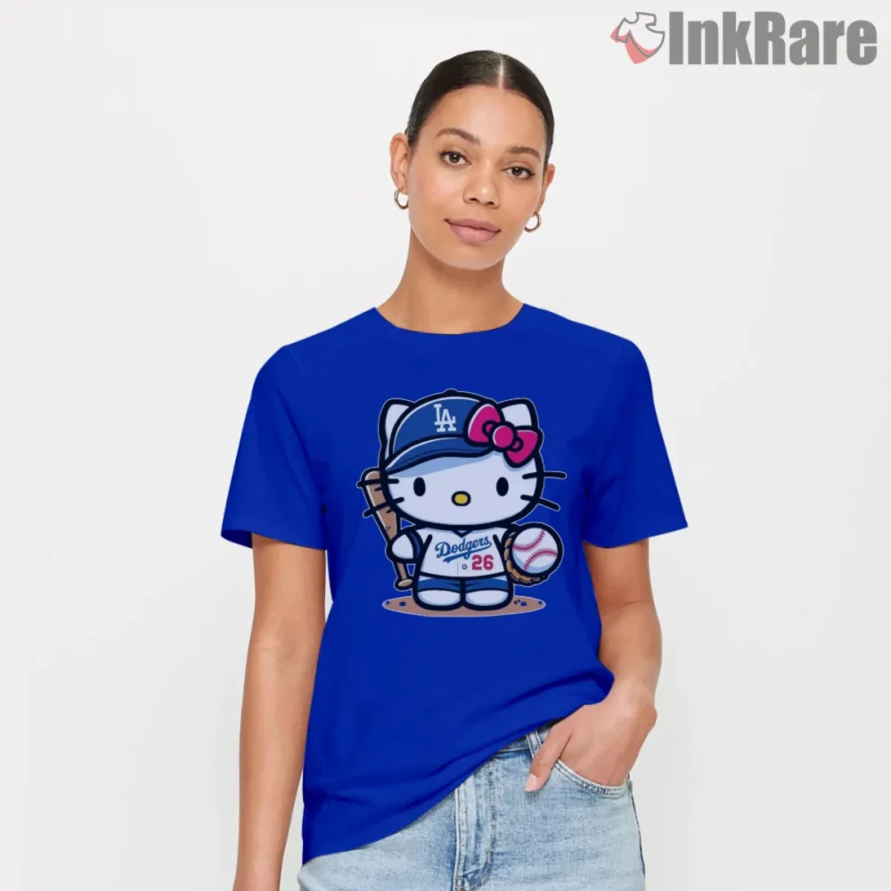 Hello Kitty Dodgers Shirt on royal blue with bat and ball