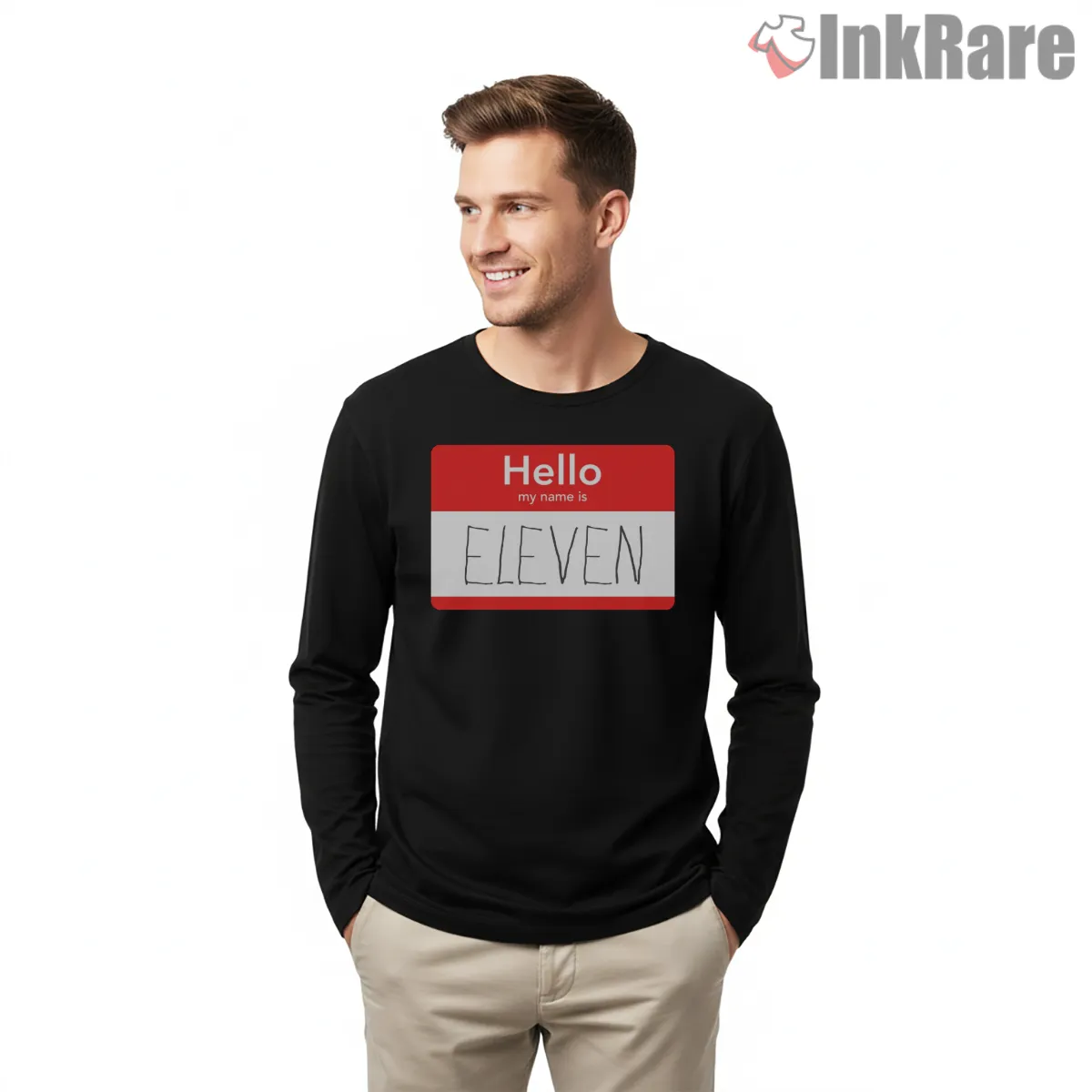 Hello My Name Is Eleven Retro Name Tag Long Sleeve Black Hello My Name Is Eleven Retro Name Tag Shirt on black long sleeve shirt for men graphic tee