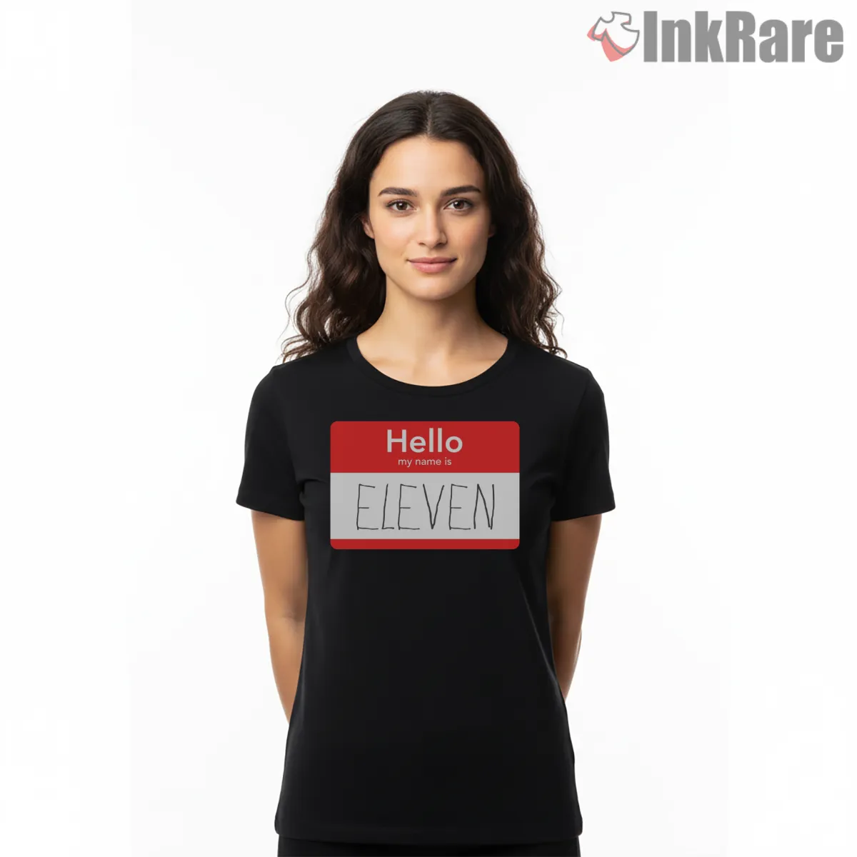 Hello My Name Is Eleven Retro Name Tag Shirt on black short sleeve shirt for women graphic tee