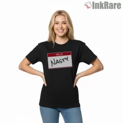 Hello Nasty Name Tag Beastie Boys Shirt on black short sleeve shirt for women graphic tee