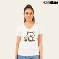 Women’s Hello Tiger Calvin And Hobbes Graphic V-Neck Tee in white | Chic Neckline, Soft Texture