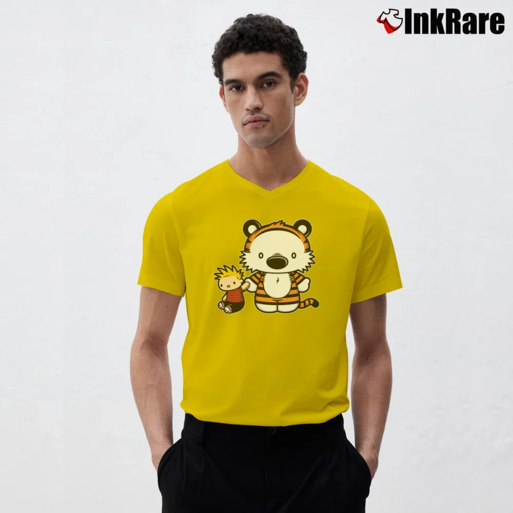 Men’s Hello Tiger Calvin And Hobbes Graphic V-Neck Tee in yellow | Sharp, Breathable, Everyday Staple