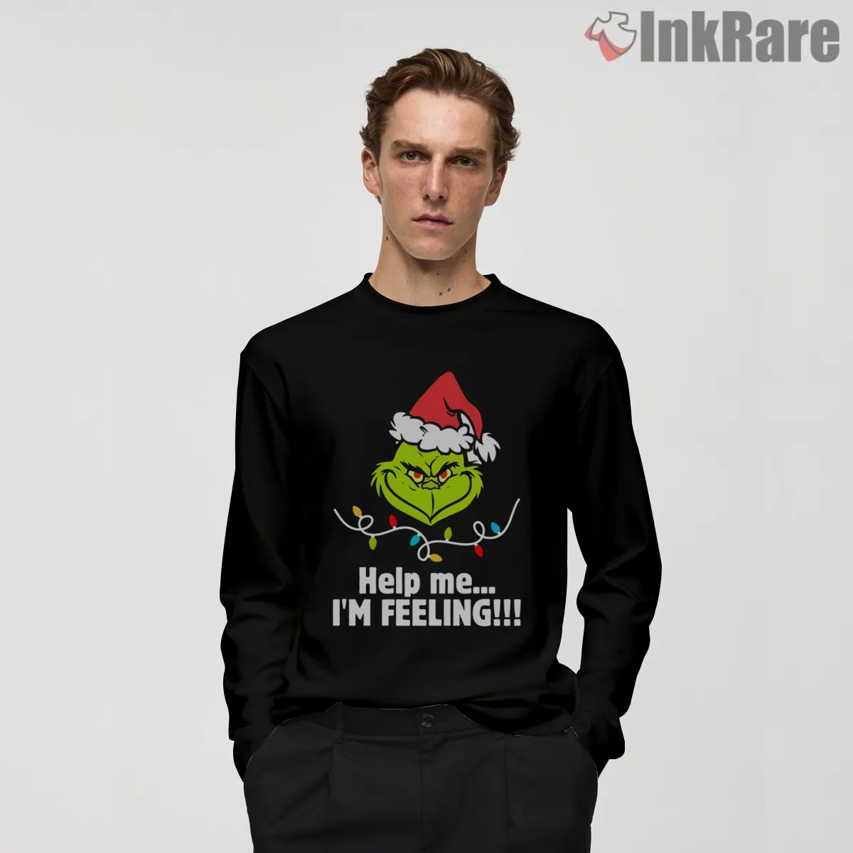 Help Me I Am Feeling Grinch Holiday Mood Long Sleeve Black Help Me I Am Feeling Grinch Holiday Mood Shirt on black long sleeve shirt for men graphic tee