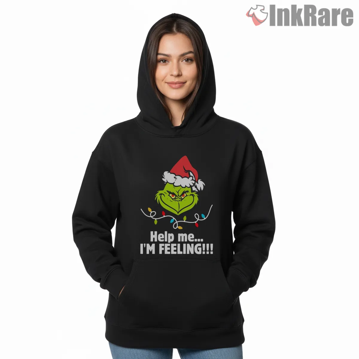 Help Me I Am Feeling Grinch Holiday Mood Hoodie Black Help Me I Am Feeling Grinch Holiday Mood Shirt on black hoodie for women graphic tee