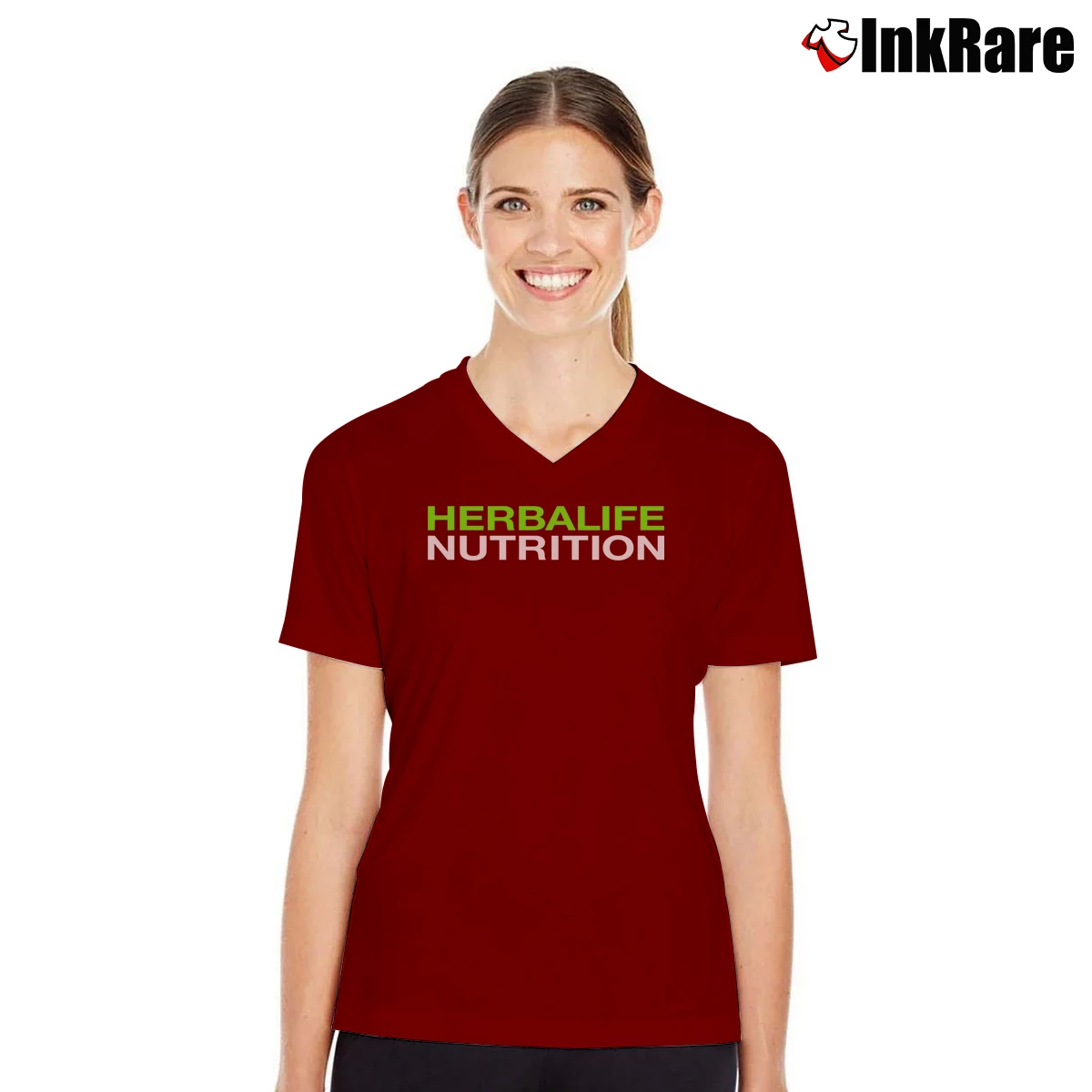 Women’s Herbalife Nutrition Boyfriend Fit V-Neck Tee in maroon | Chic Neckline, Soft Texture