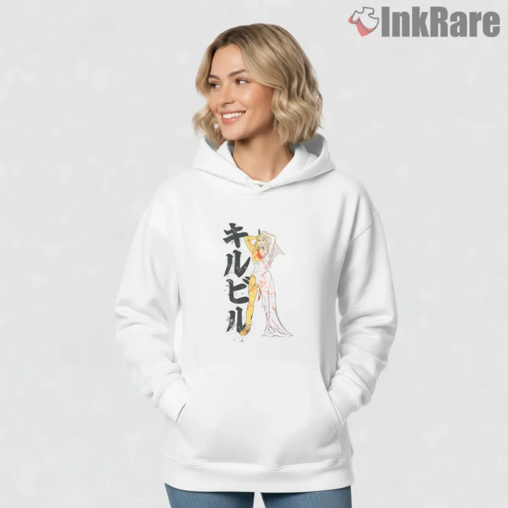 Here Comes The Bride Wedding Blood Splatter Kill Bill Shirt on white hoodie for women graphic tee
